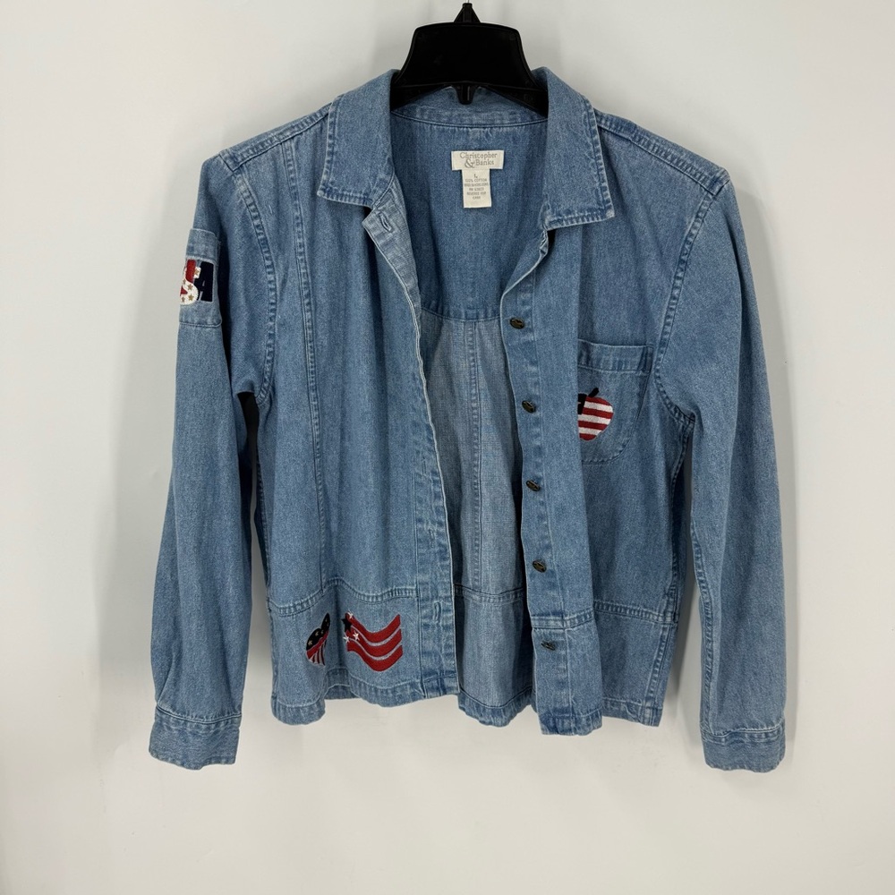 Christopher & Banks vintage 100% cotton denim Americana theme jacket L